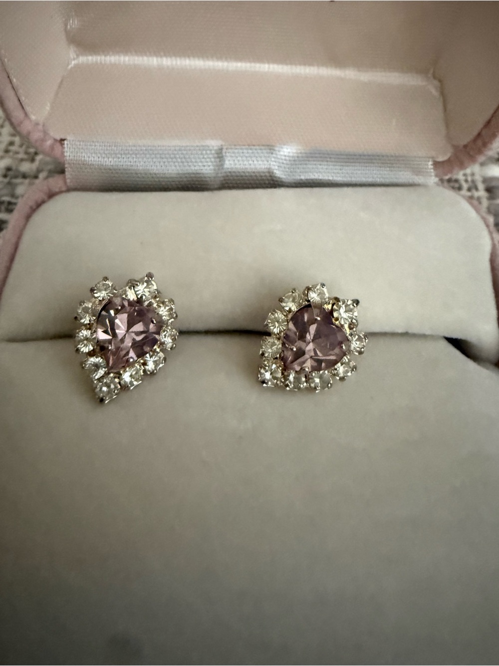 Pink Heart Halo Stud Earrings with Clear Crystal Accents